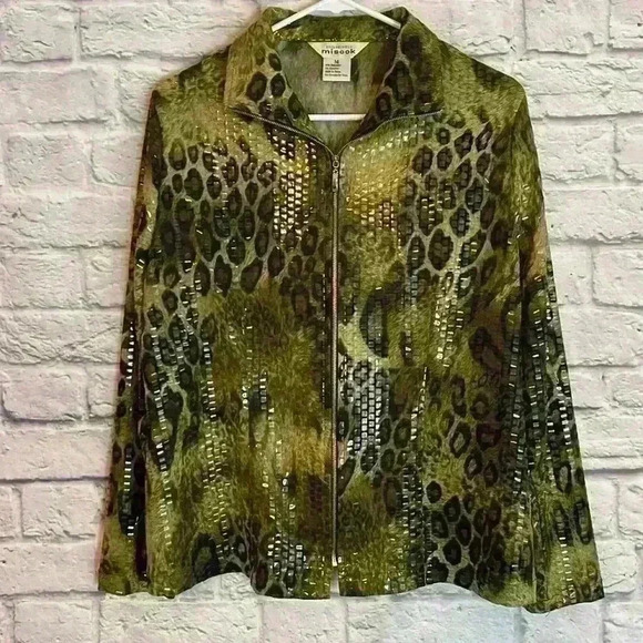 Exclusively Misook Green Leopard Jacket Full Zipper Front Size M - Picture 1 of 7